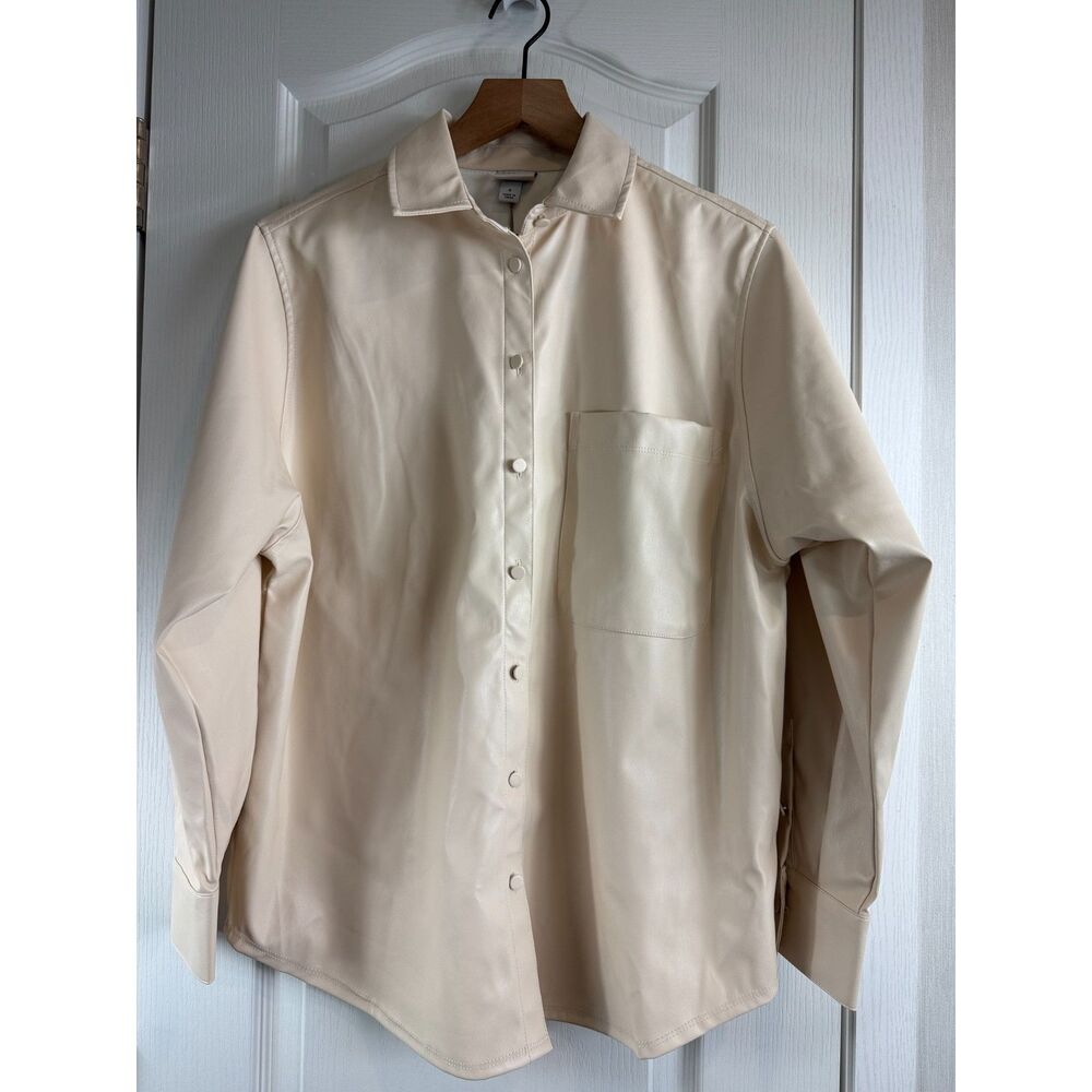 A New Day Women's Faux Leather Long Sleeve Button Down Shirt Cream Size S - NWT